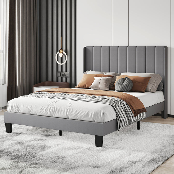 Metal Wooden Bed Frame Queen Panel Plush Upholstered Soft Headboard Grey