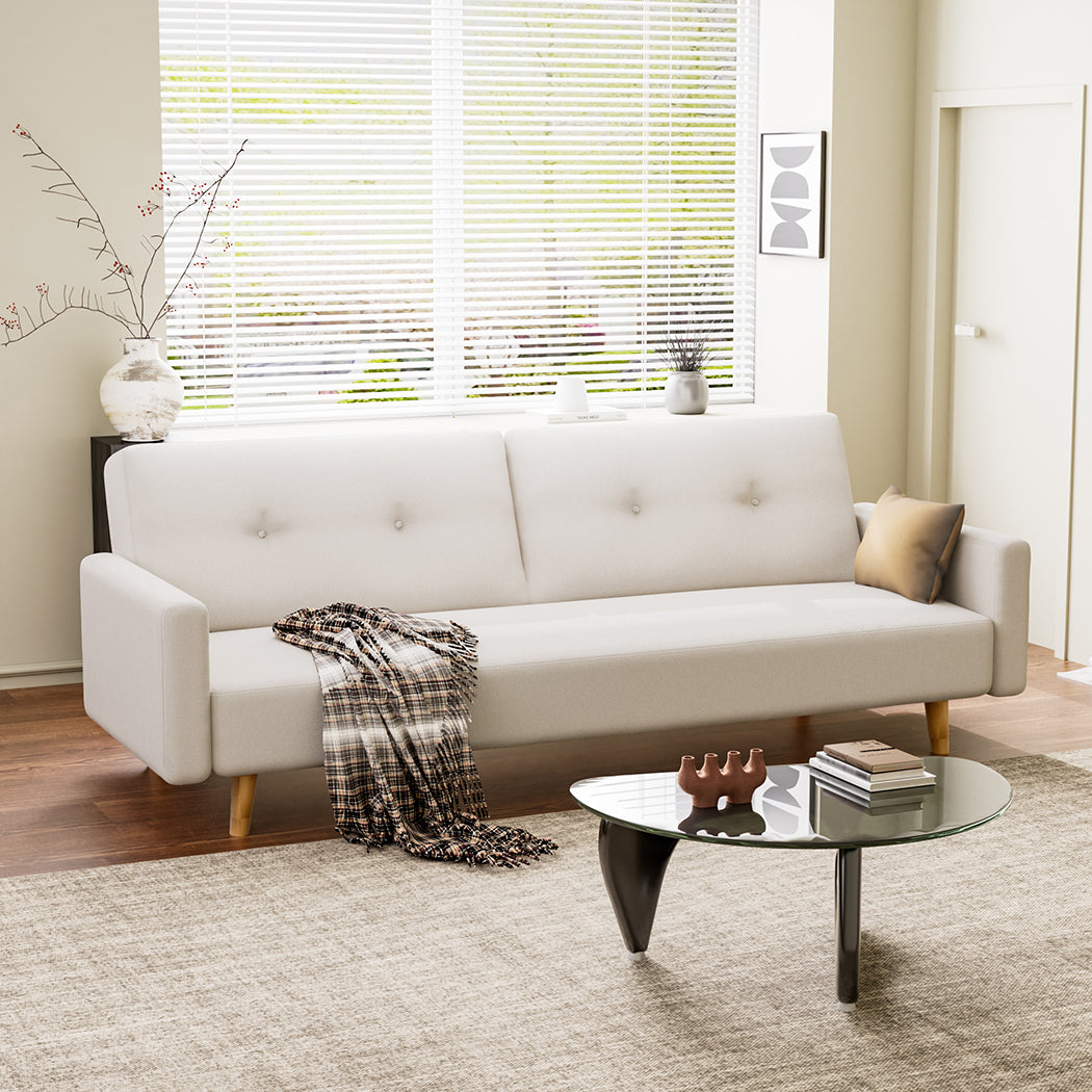Convertible Sofa Bed Cotton Linen Lounge Adjustable 3 Seater Couch Cream