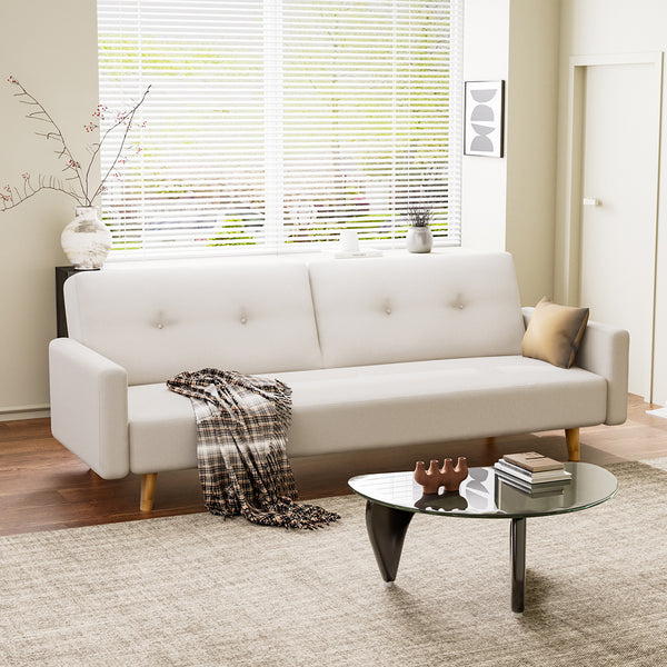 Convertible Sofa Bed Cotton Linen Lounge Adjustable 3 Seater Couch Cream