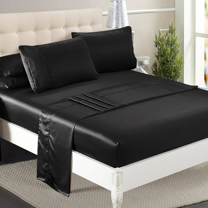 DreamZ Silky Satin Sheets Fitted Black - Levede