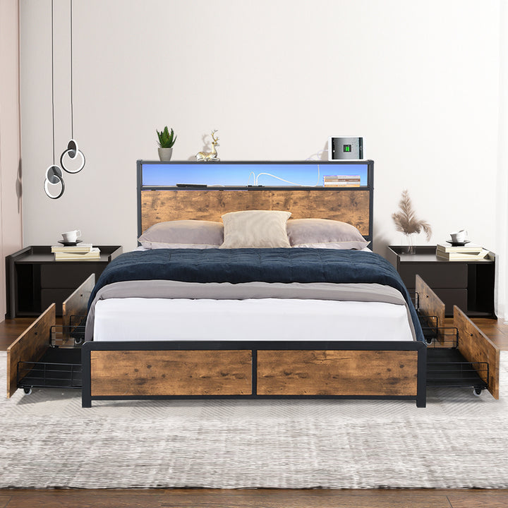 Levede Bed Frame with RGB LED, Drawers, Storage Headboard, and USB Charging - Levede