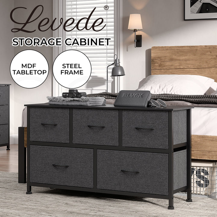 Lowboy Fabric 5-Drawer Chest of Drawers near bed