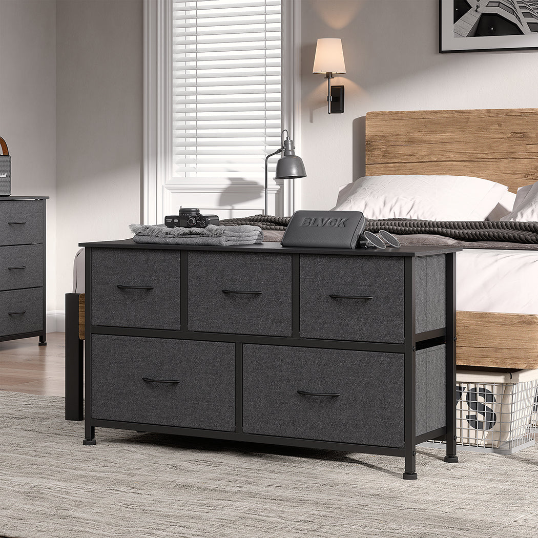 Lowboy Fabric 5-Drawer Chest of Drawers near bed