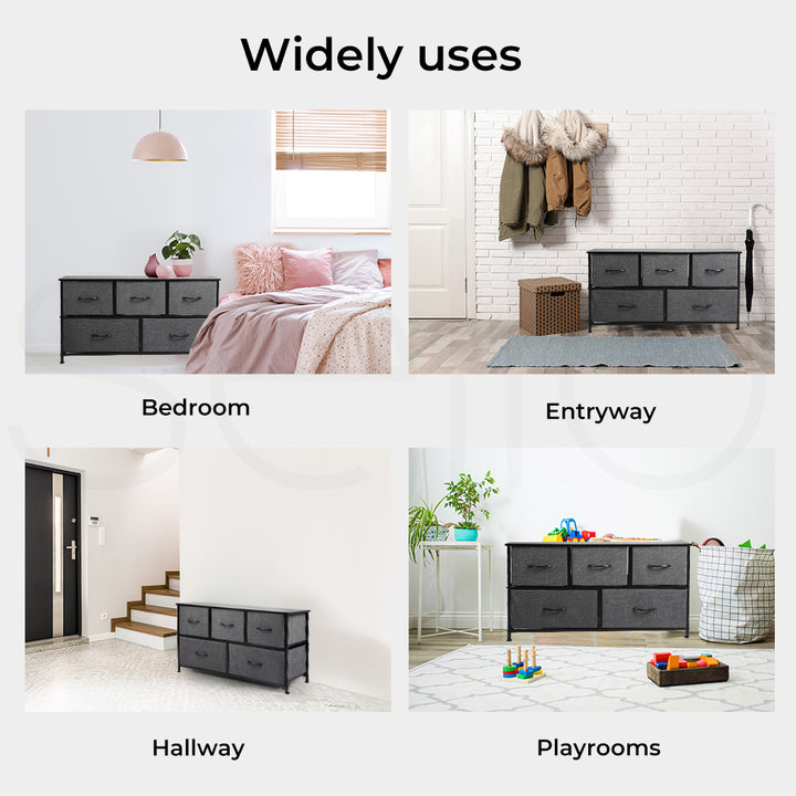 Lowboy Fabric 5-Drawer Chest of Drawers use case