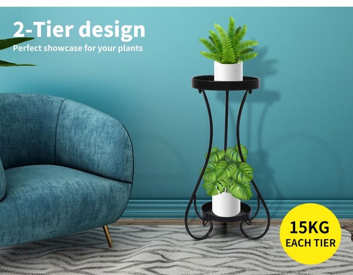 Plant Stand 2 Tiers Outdoor Indoor Metal Flower Pots Rack Garden Black