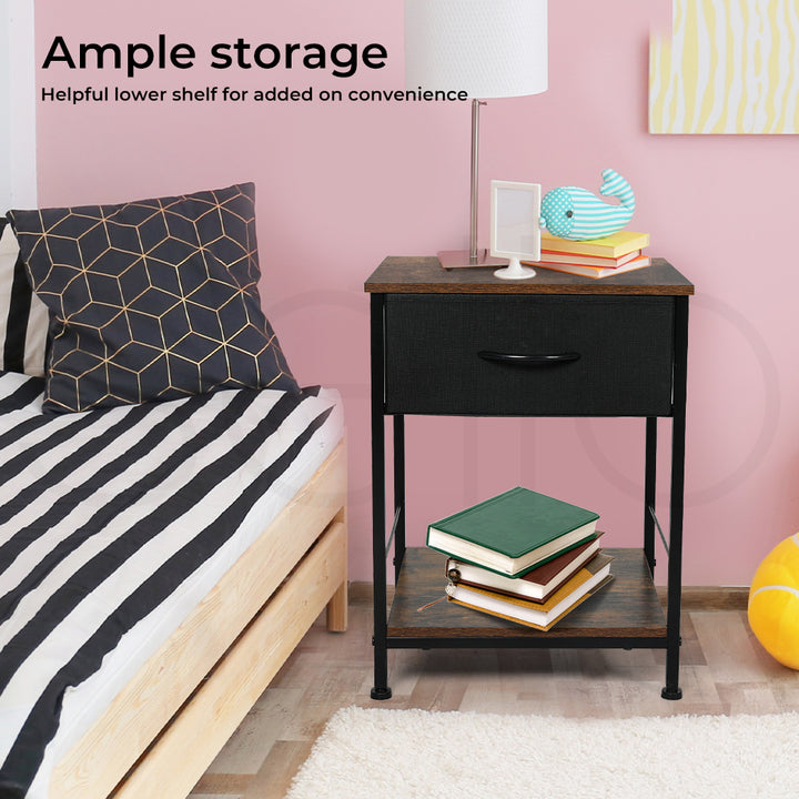 Metal Frame Bedside Table with Drawer next to bed