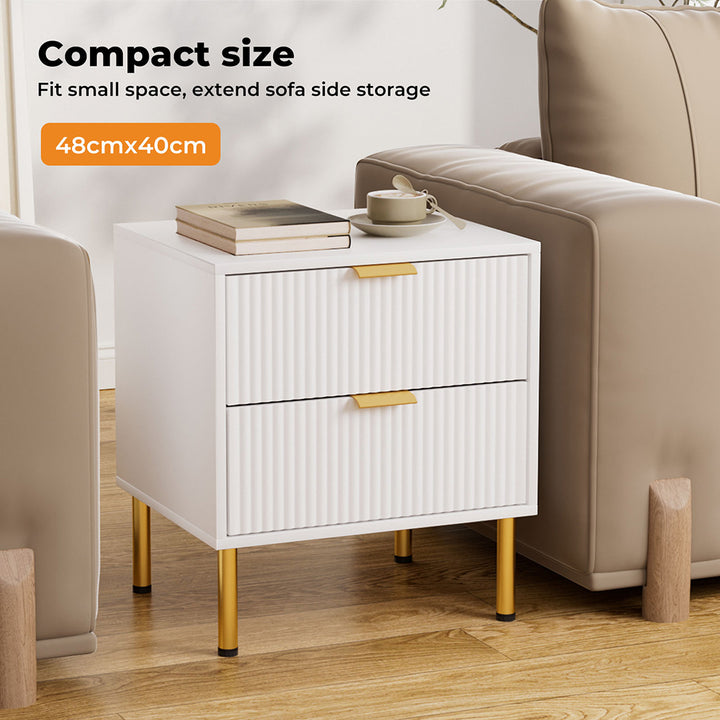 Modern 2-Drawer Bedside Table white next to sofa