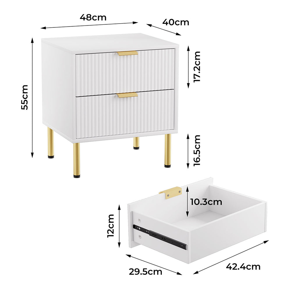 Modern 2-Drawer Bedside Table with Gold Legs Dimensions
