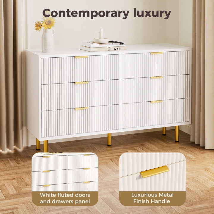 Modern White 6-Drawer Chest with Gold Accents