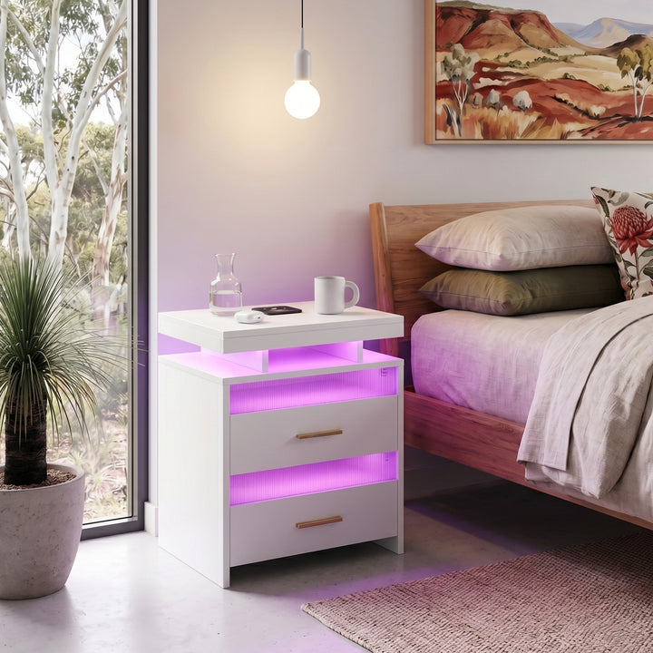 Smart Bedside Table Motion Sensor Charging Modern Nightstand RGB Bedroom