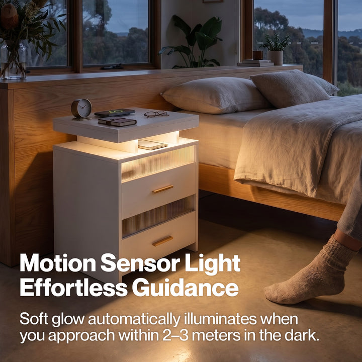 Smart Bedside Table Motion Sensor Charging Modern Nightstand RGB Bedroom