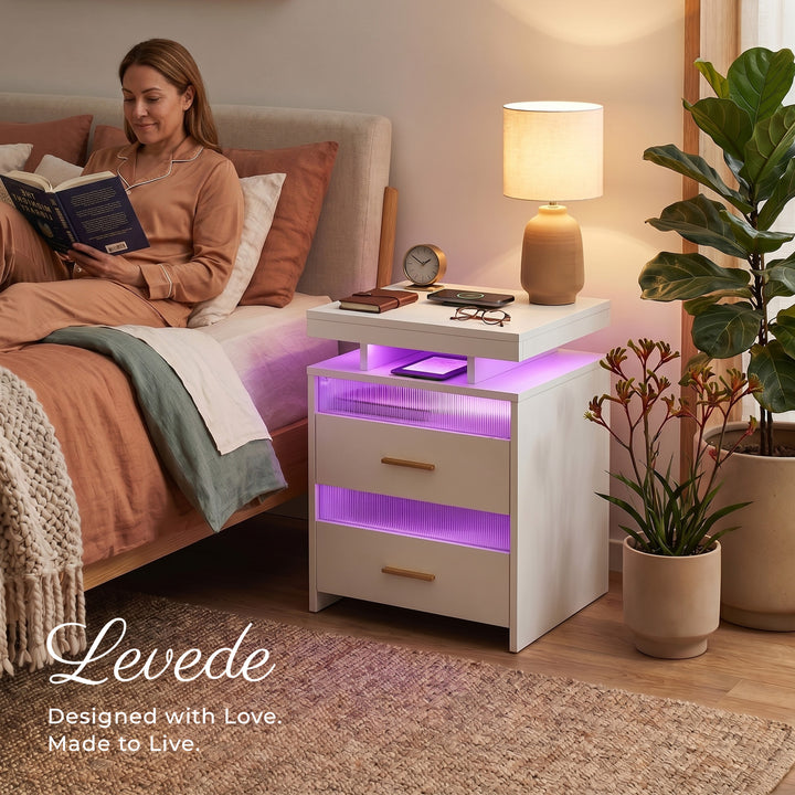 Smart Bedside Table Motion Sensor Charging Modern Nightstand RGB Bedroom