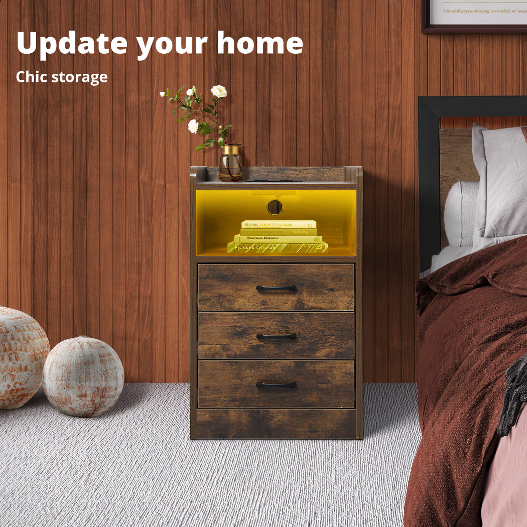 Oak LED Bedside Table 3 Drawer next to bed