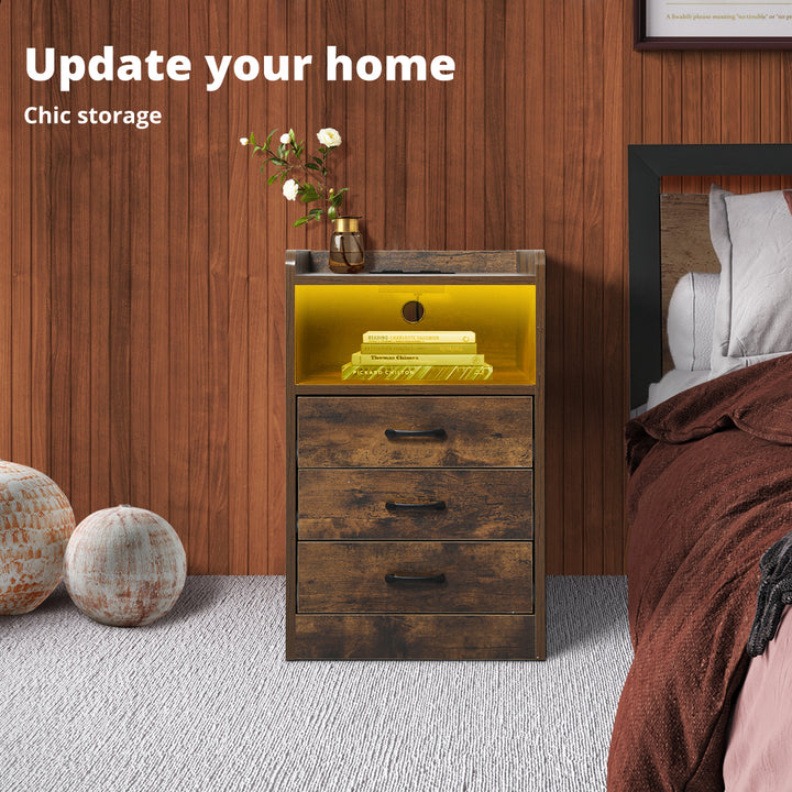 Oak LED Bedside Table 3 Drawer next to bed