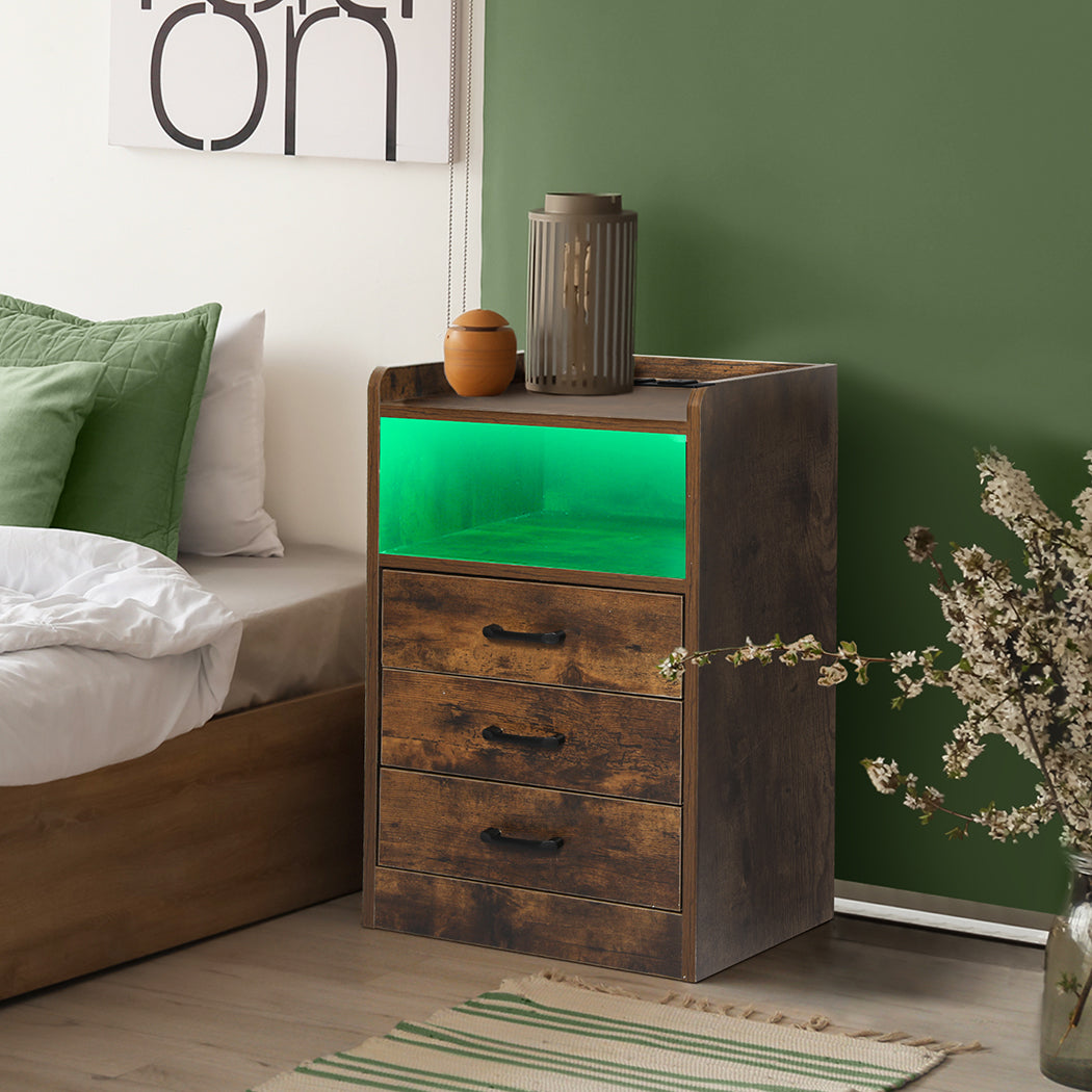Oak LED Bedside Table 3 Drawers 