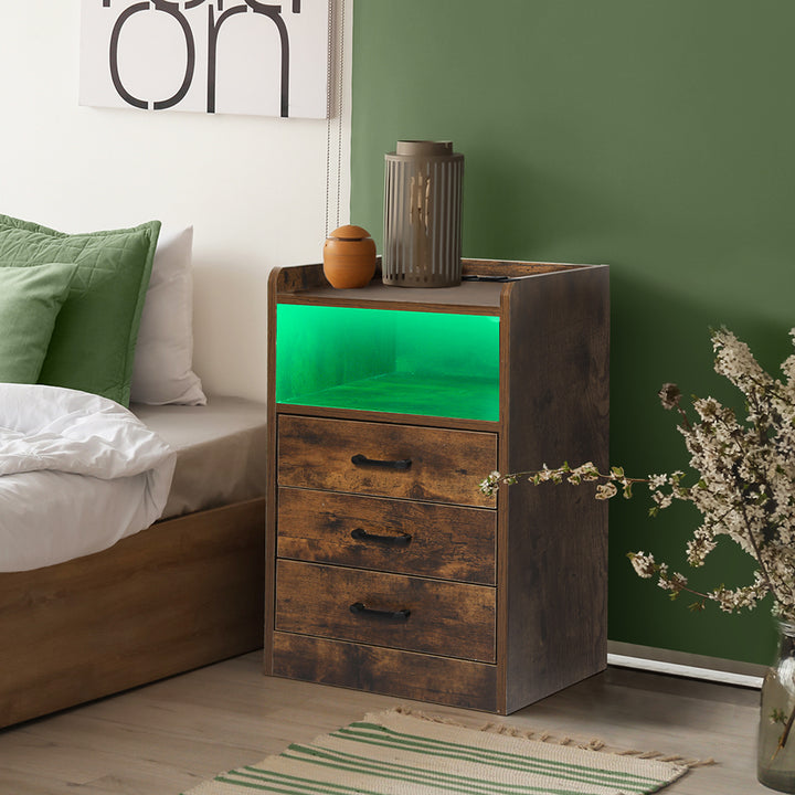Oak LED Bedside Table 3 Drawers 