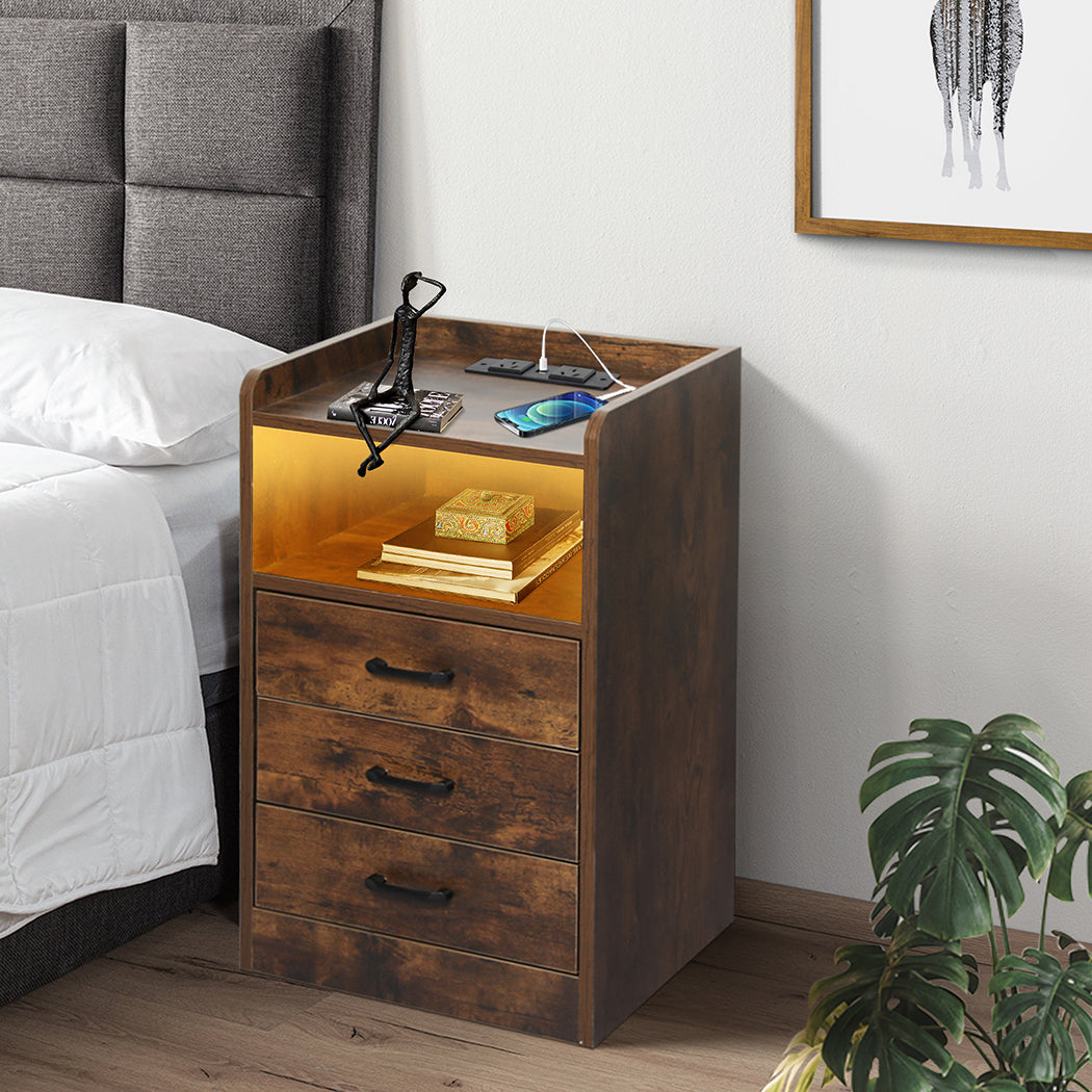 Oak LED Bedside Table 3 Drawers 