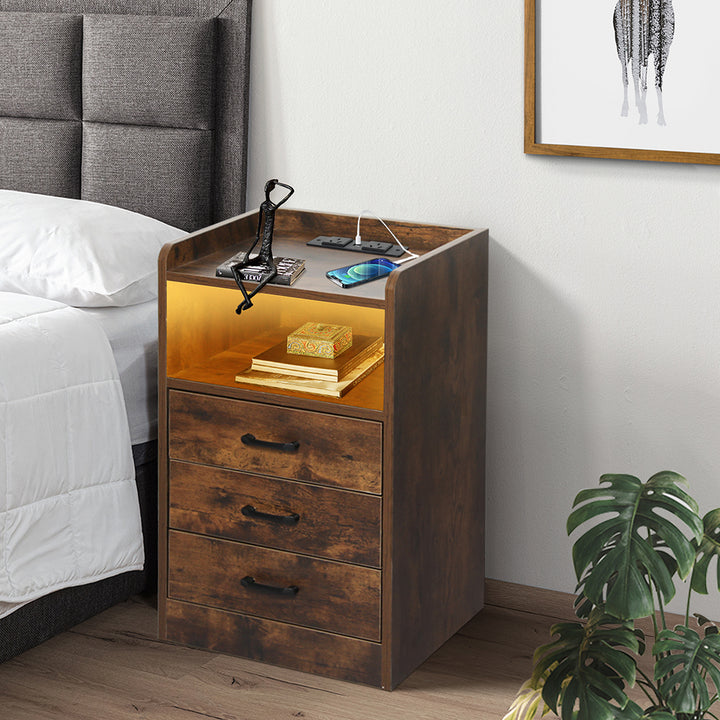 Oak LED Bedside Table 3 Drawers 