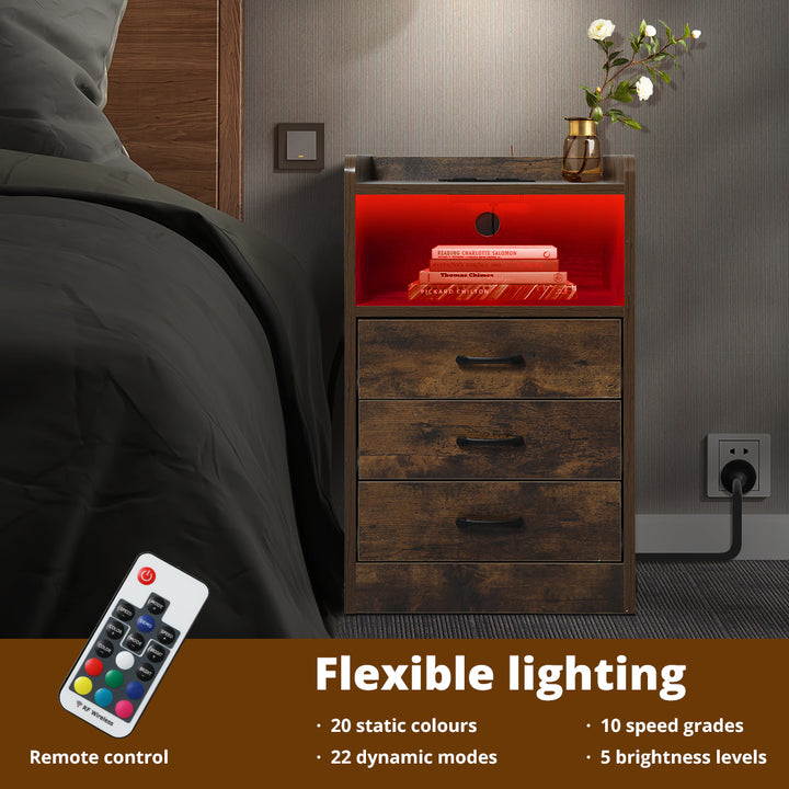 Oak LED Bedside Table 3 Drawers open shelf 