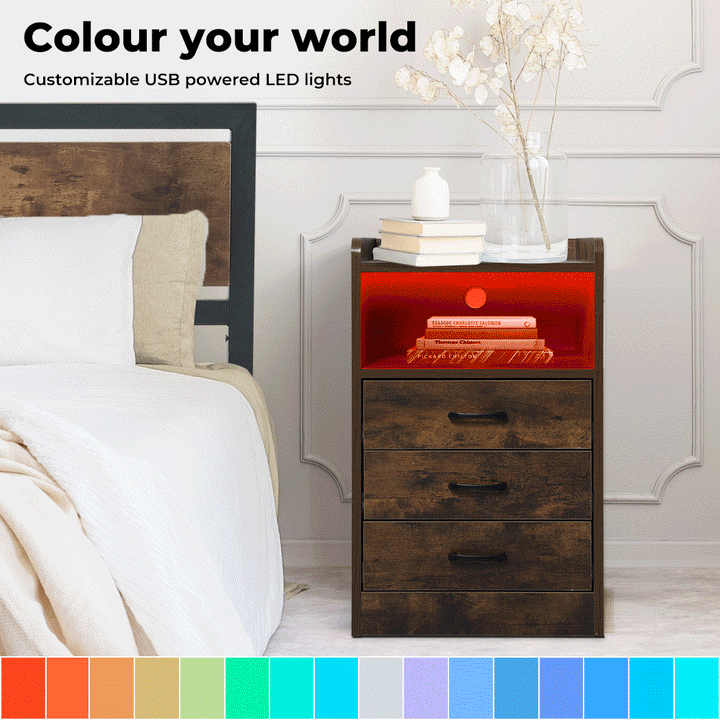 Oak LED Bedside Table 3 Drawers with lights