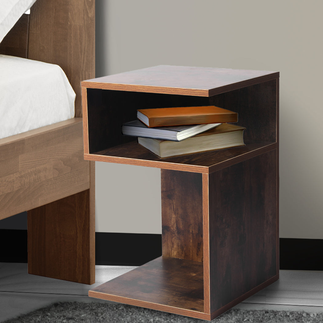 Oak S Shape Bedside Table next to bed