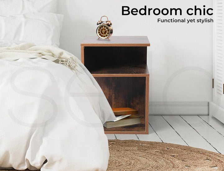 Oak S Shape Bedside Table next to bed 