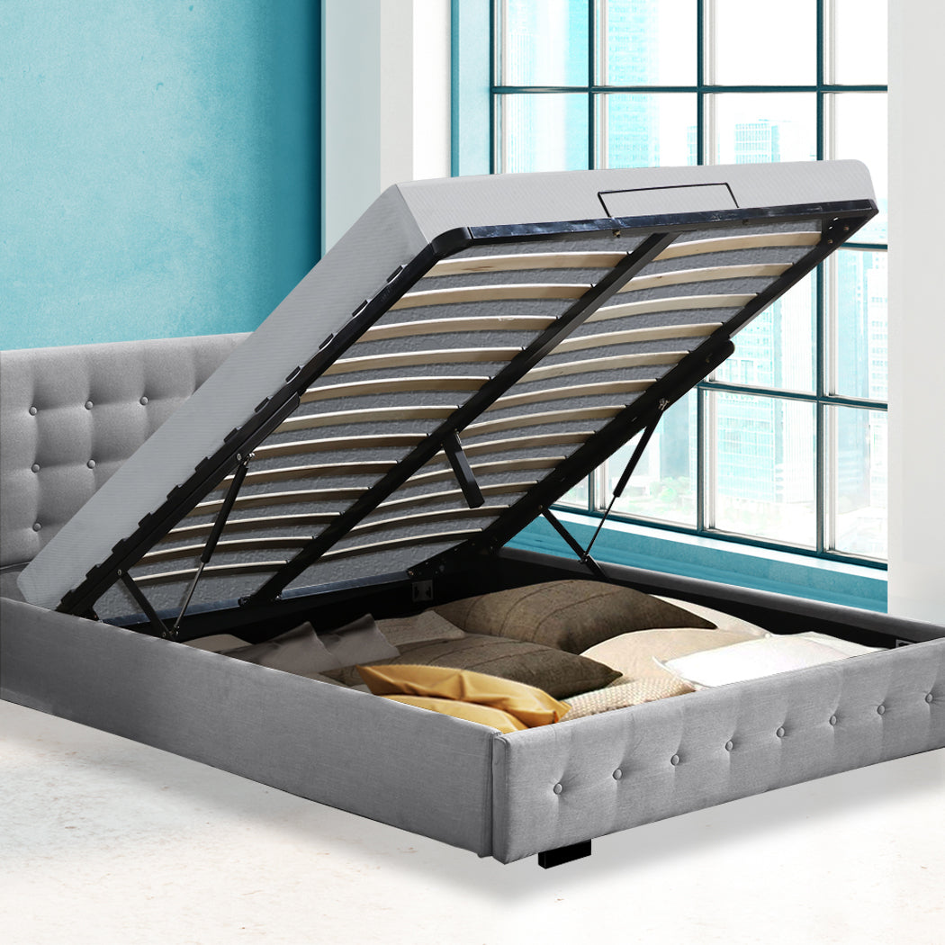 Open Queen Fabric Bed Frame With Gas Lift Storage 