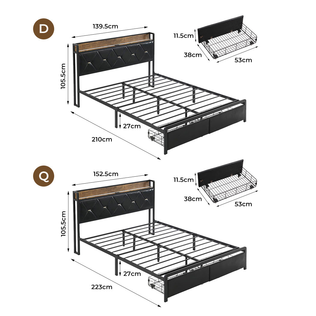 PU Upholstered Metal Bed Frame with 2 Storage Drawers