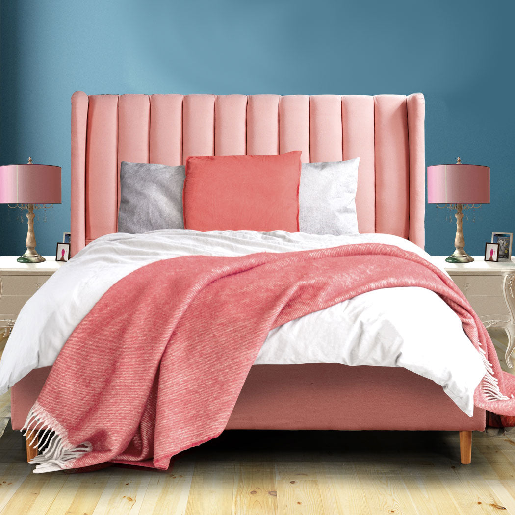 Pink Queen Bed Frame with Linen Upholstery 1