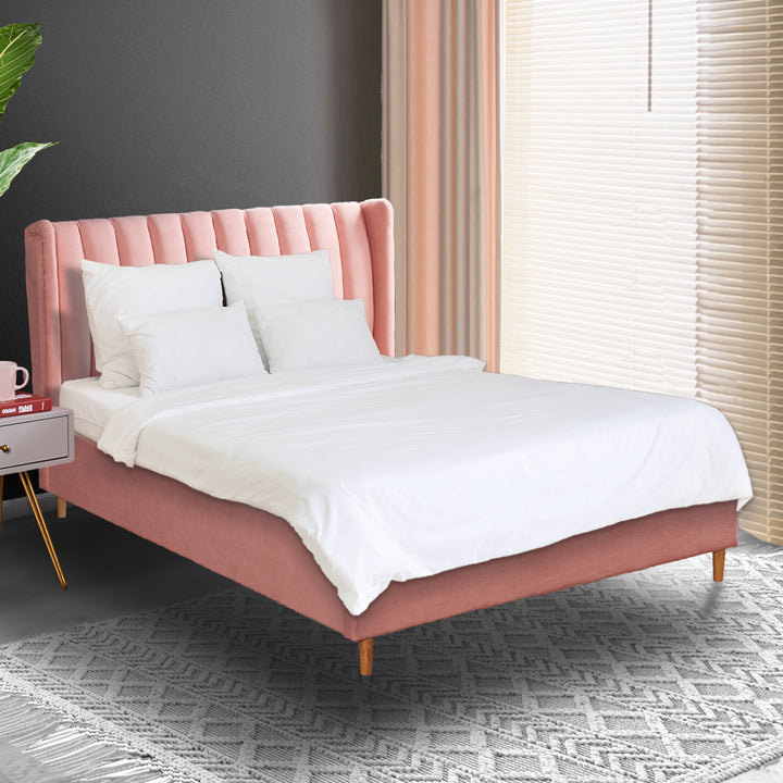 Pink Queen Bed Frame with soft Linen Upholstery