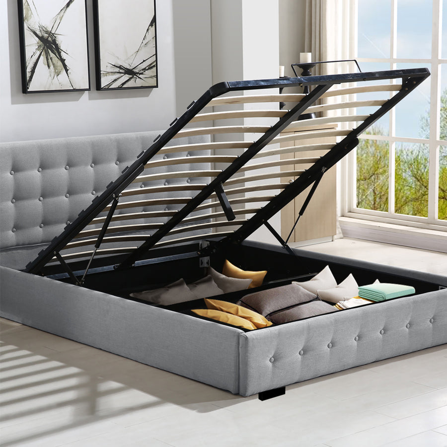 Queen Fabric Bed Frame With Gas Lift Storage
