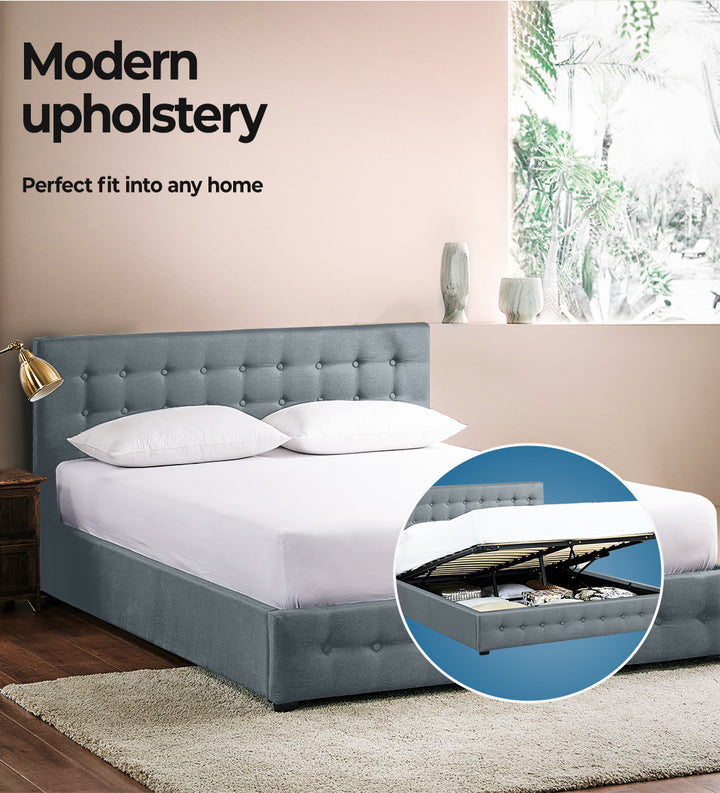 Queen Fabric Bed Frame With Gas Lift Storage in bedroom
