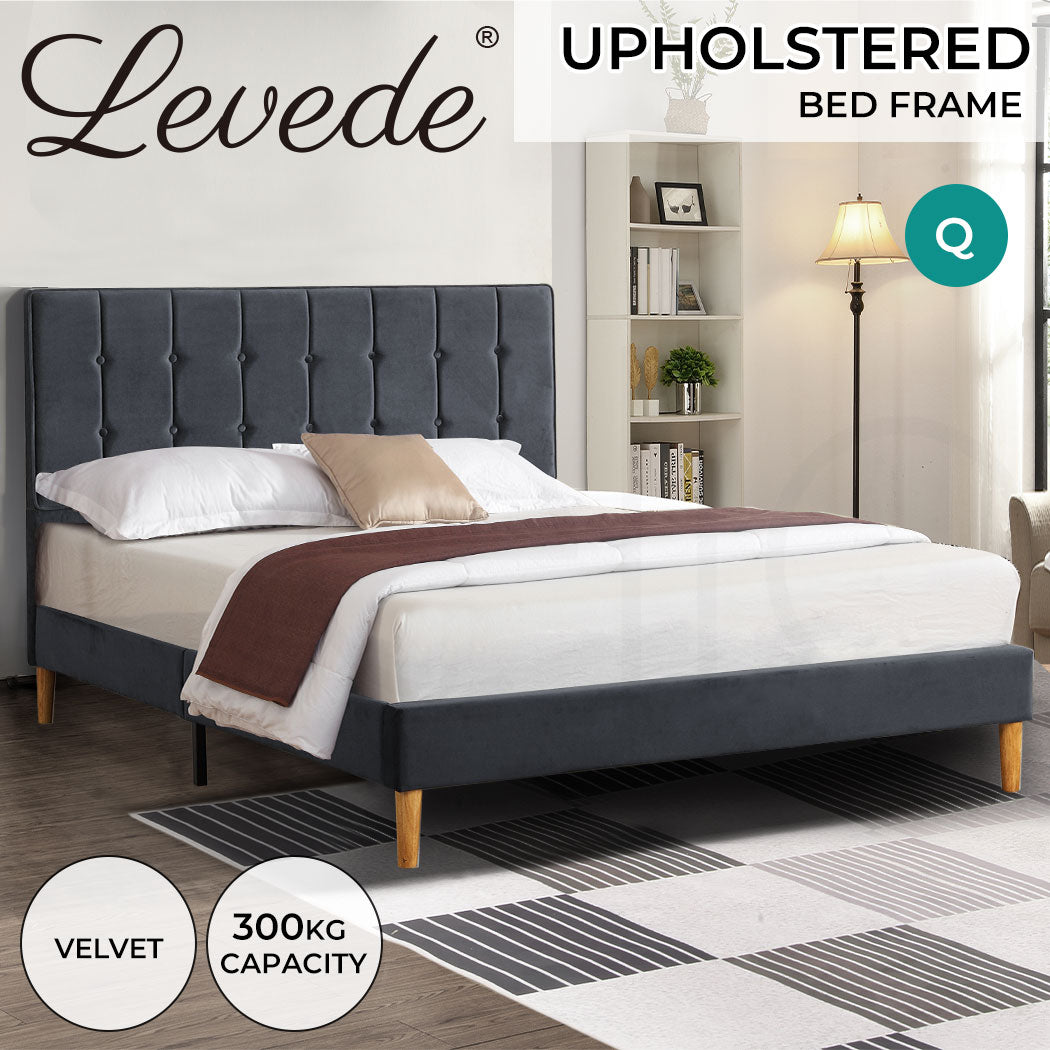 Slats of Queen Mattress Base with Velvet Headboard Grey