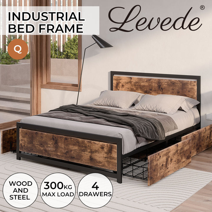Queen Metal Bed Frame with Storage Drawers & Headboard