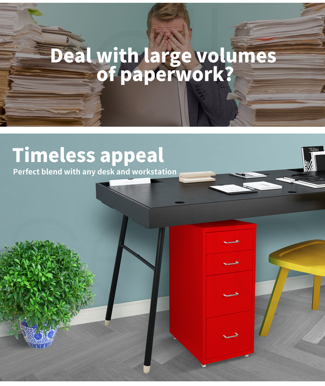 Red 4 Drawer Office Cabinet with steel frame