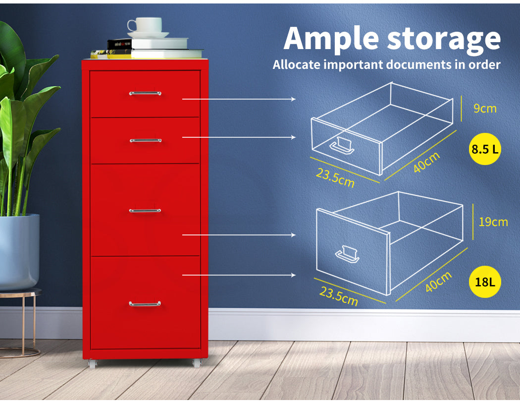 Red 4 Drawer Office Cabinet with steel frame