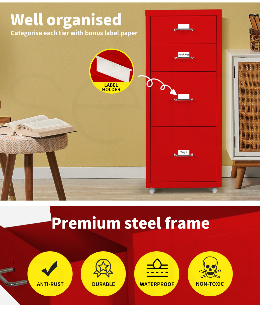 Red 4 Drawer Office Cabinet with steel frame