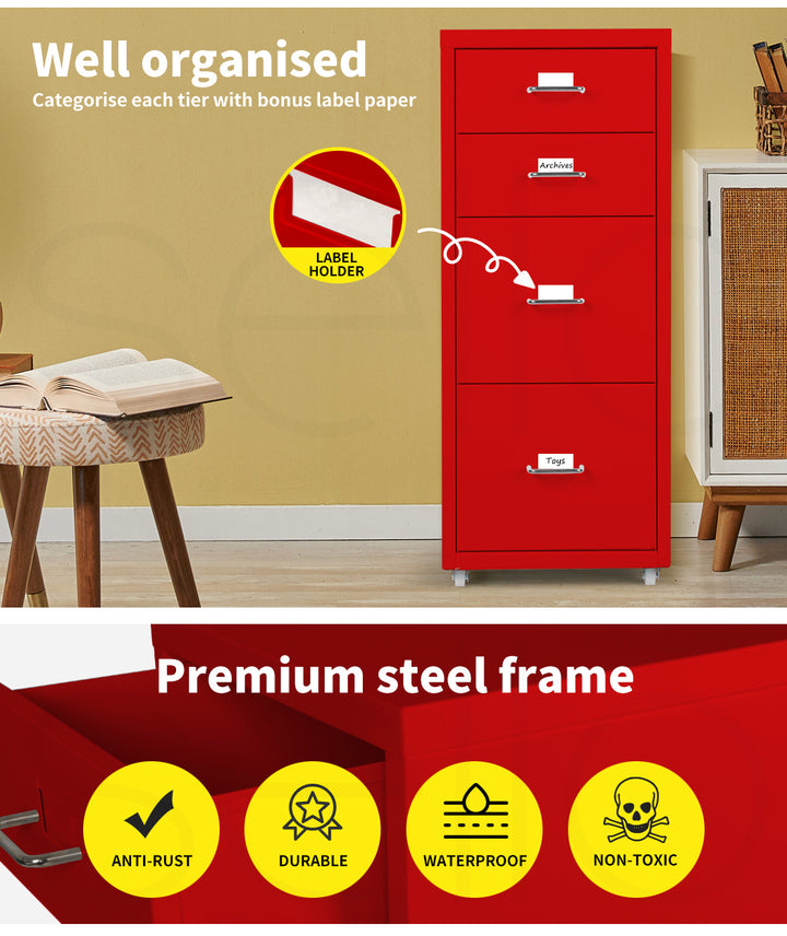 Red 4 Drawer Office Cabinet with steel frame