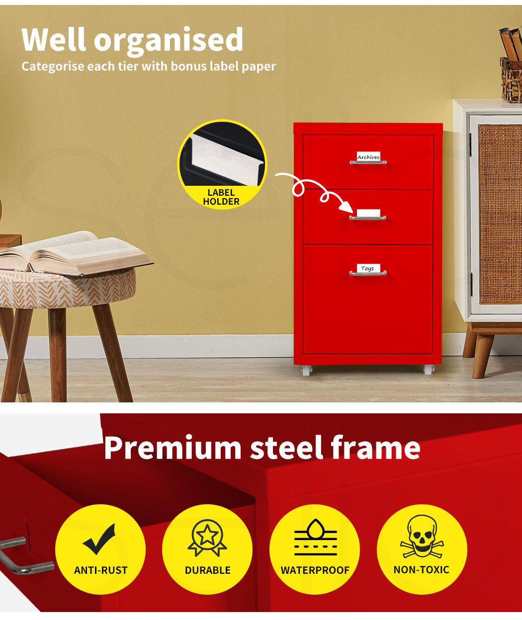 Levede 3 Drawer Office Drawers Cabinet