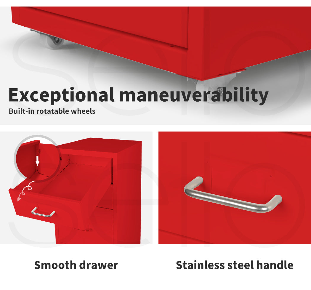 Levede 3 Drawer Office Drawers Cabinet -Red