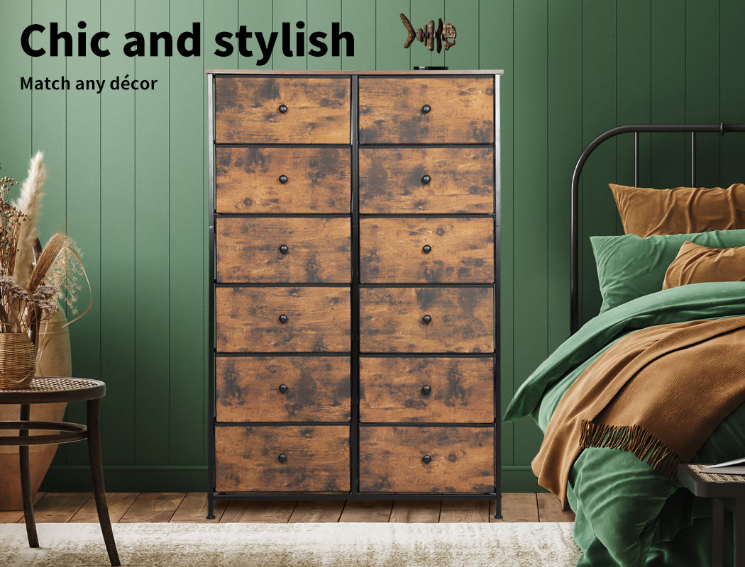 Rustic 12-Drawer Tallboy Chest of Drawers next to bed
