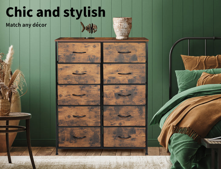Rustic 12-Drawer Tallboy Chest of Drawers next to bed