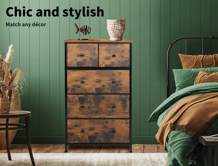 Rustic 5-Drawer Tallboy Chest of Drawers next to bed