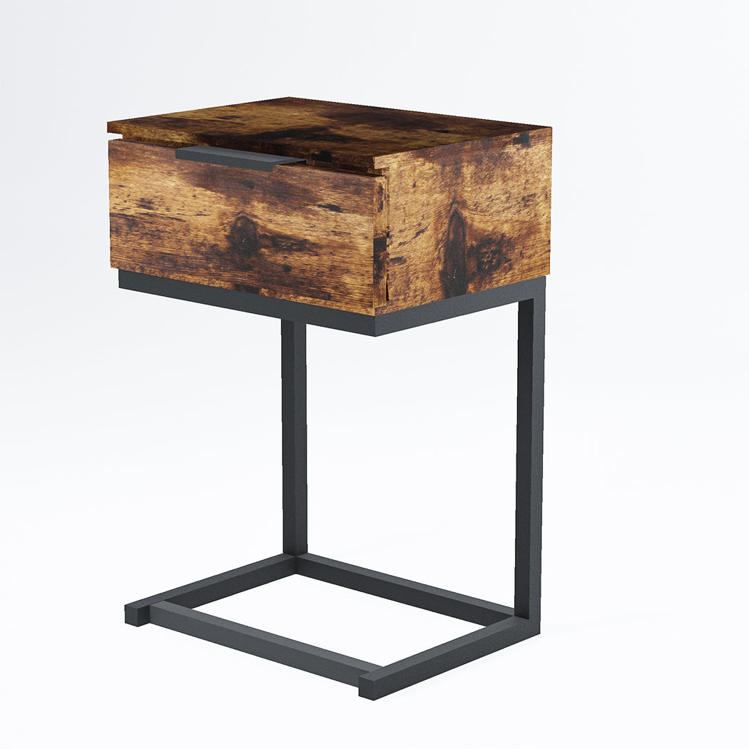 Rustic Wood & Metal Frame Bedside Table with Drawer