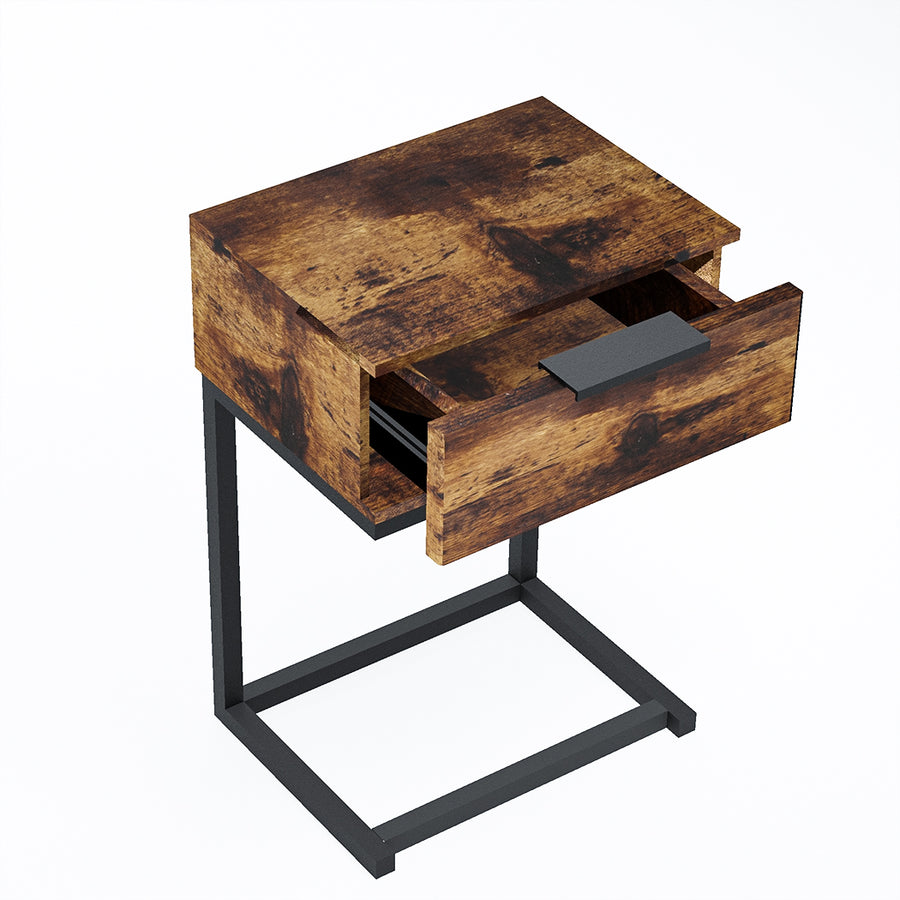 Rustic Wood & Metal Frame Bedside Table with Drawer