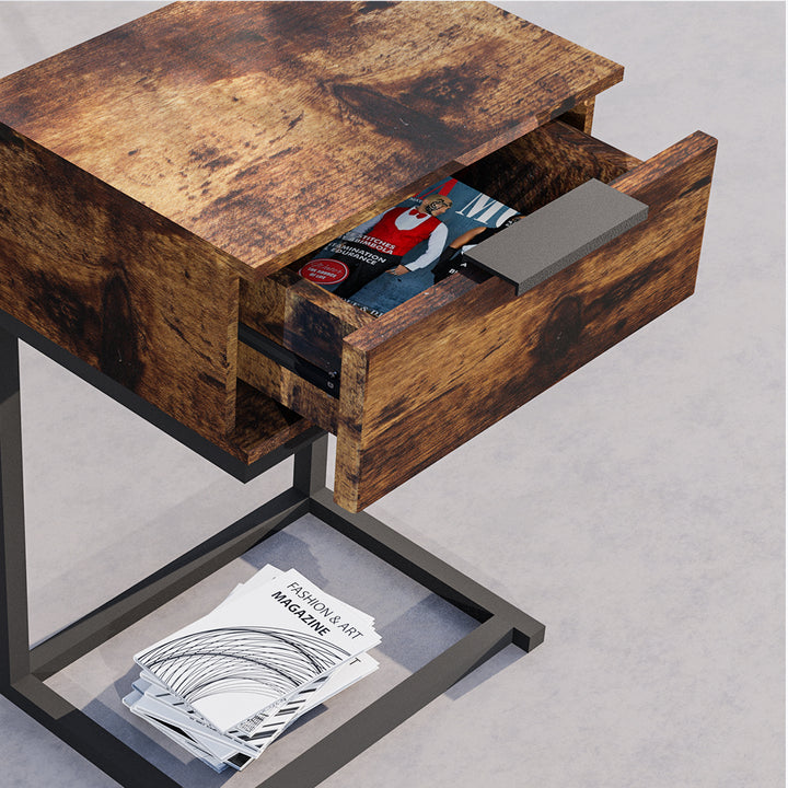 Rustic Wood & Metal Frame Bedside Table with Drawer 