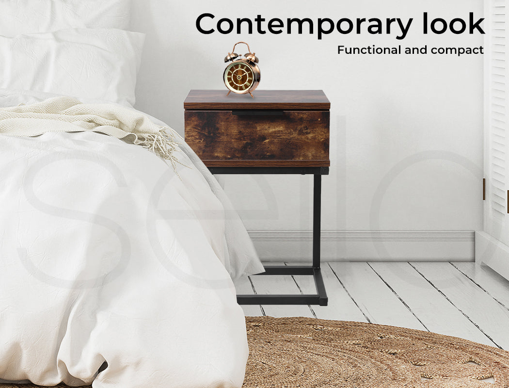 Rustic Wood & Metal Frame Bedside Table with Drawer