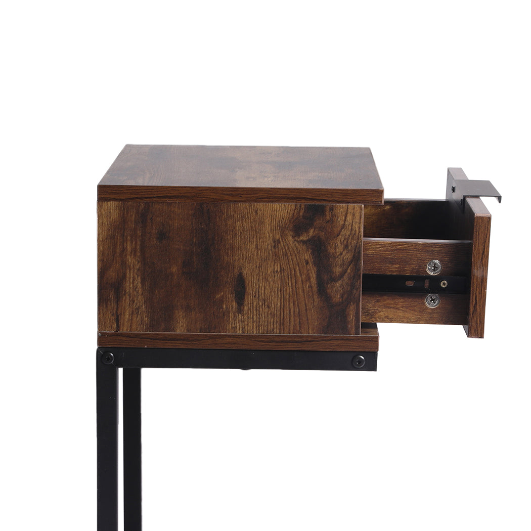 Rustic Wood & Metal Frame Bedside Table with Drawer