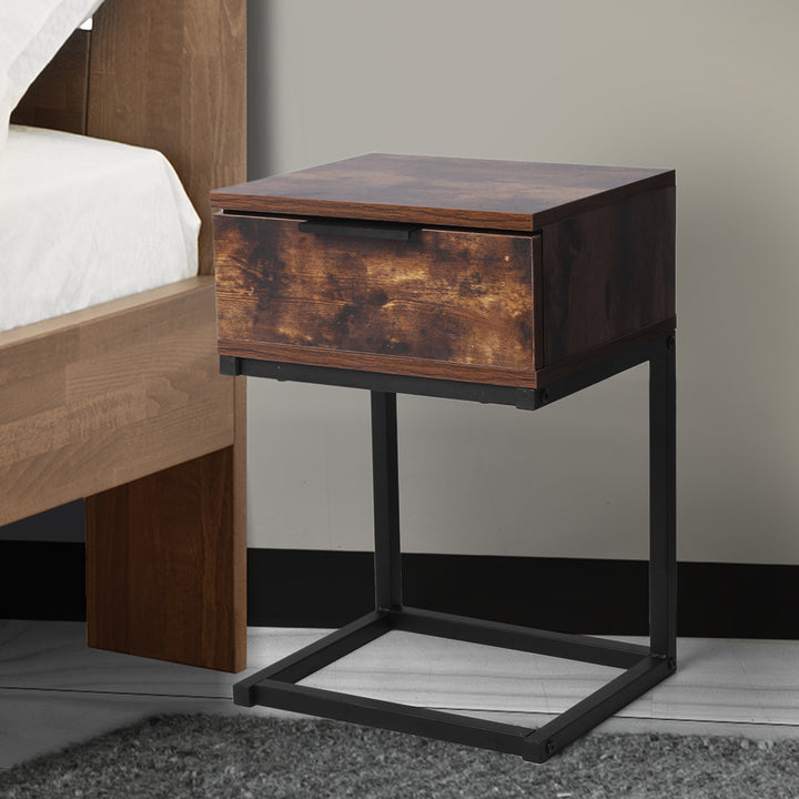 Rustic Wood & Metal Frame Bedside Table with Drawer