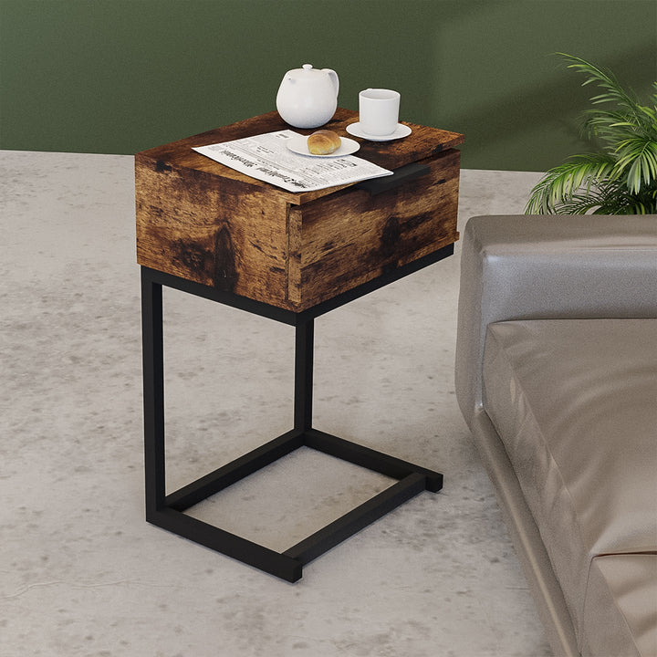 Rustic Wood & Metal Frame Bedside Table with Drawer